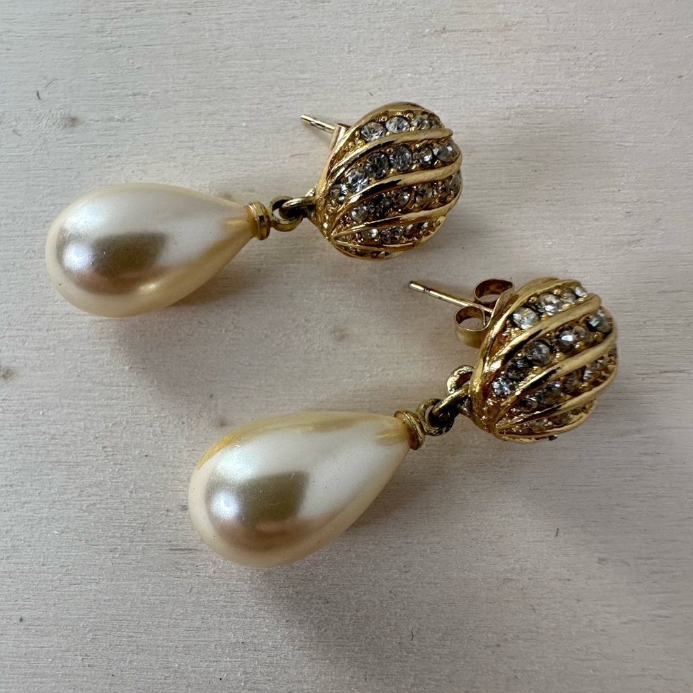 Vintage 14k GF Pave Set Rhinestone Faux Pearl Earrings